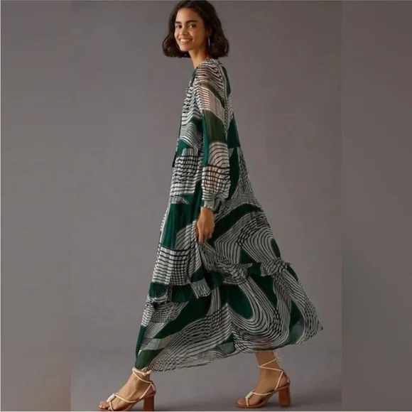 By Anthropologie Marais Green & Black Printed Chiffon Maxi Dress Size XL - Picture 3 of 13